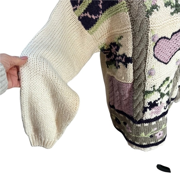 𝅺vintage 90's Patchwork Handknit Beige Chunky Knit Cozy Sweater Size M - Picture 5 of 8